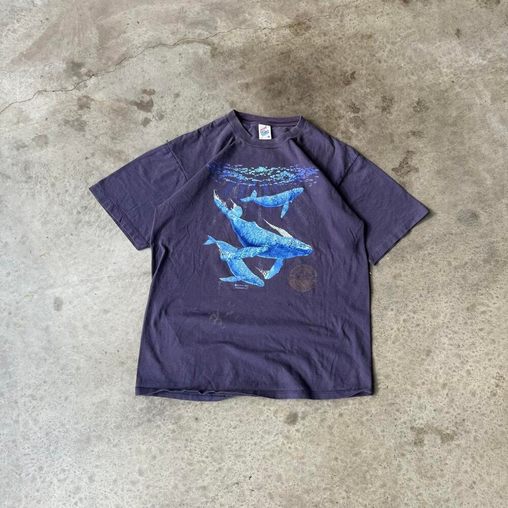 90s Jerzees Blue Whales Graphic Cotton T-shirt